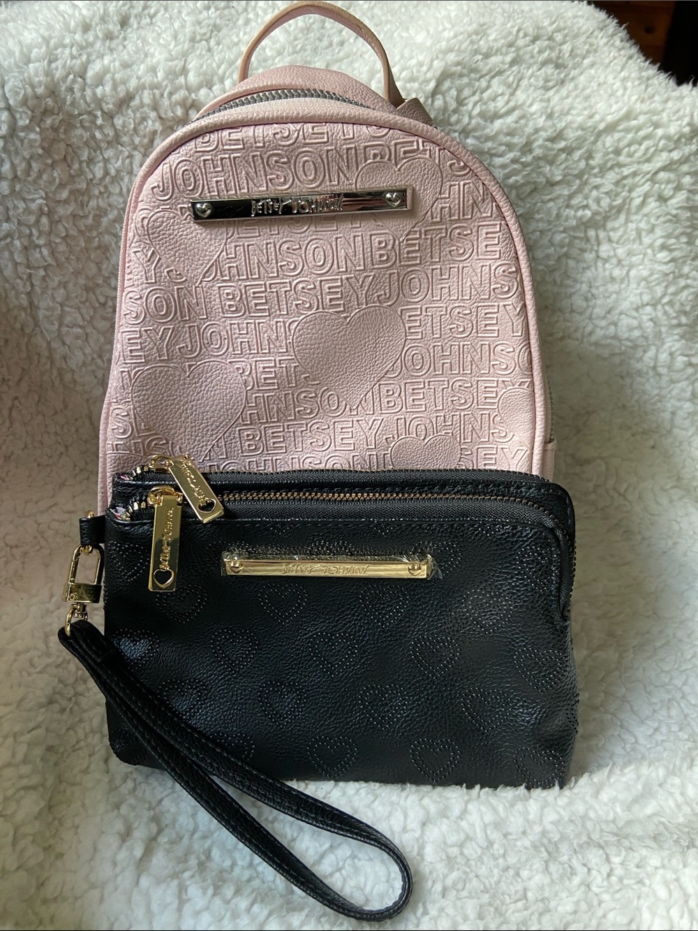 BOGO Betsey Johnson Pink Embossed Heart Mini Backpack with FREE Black Wristlet